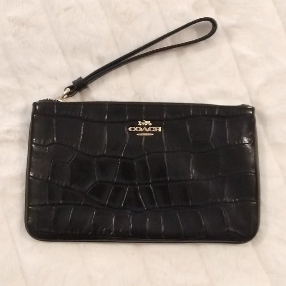 Coach Handbags - Coach Embossed Croc Large Black Leather Wristlet